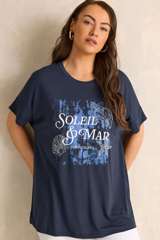 EVANS Plus Size Navy Blue 'Soleil & Mar' Slogan Print T-Shirt | Evans 1