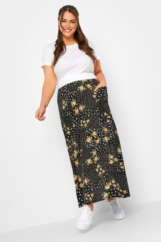 YOURS Curve Black & Yellow Mixed Print Pocket Detail Maxi Skirt | Yours Clothing 2