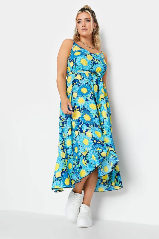 YOURS Plus Size Blue Floral Print Frill Hem Dress | Yours Clothing 1