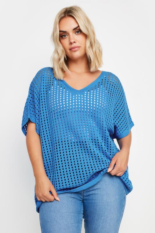 YOURS Plus Size Blue Crochet Short Sleeve Top | Yours Clothing 4