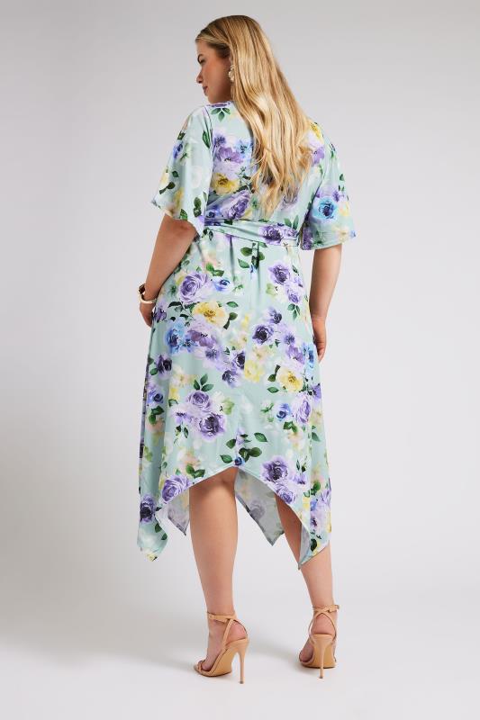 YOURS LONDON Plus Size Sage Green Floral Print Hanky Hem Wrap Dress | Yours Clothing 3