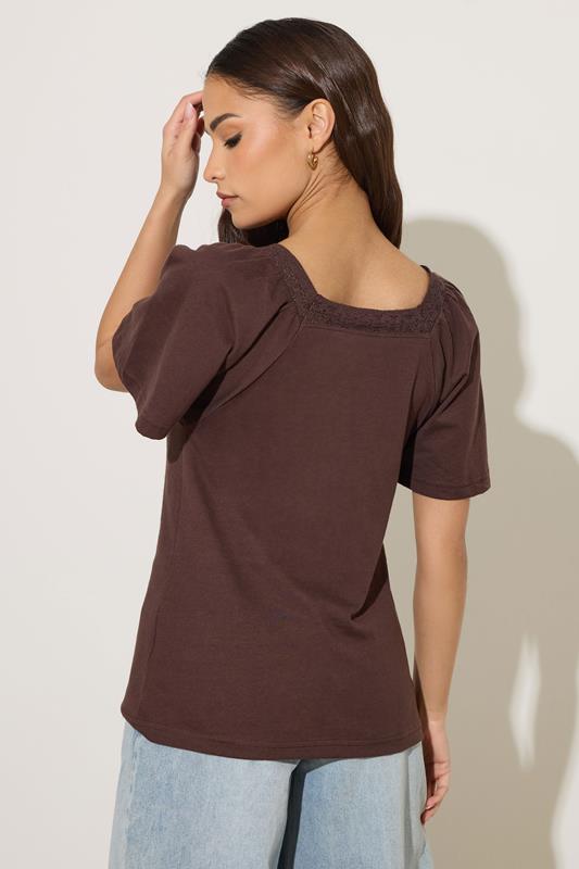 PixieGirl Petite Women's Chocolate Brown Crochet Trim Flutter Sleeve Cotton T-Shirt | PixieGirl 2