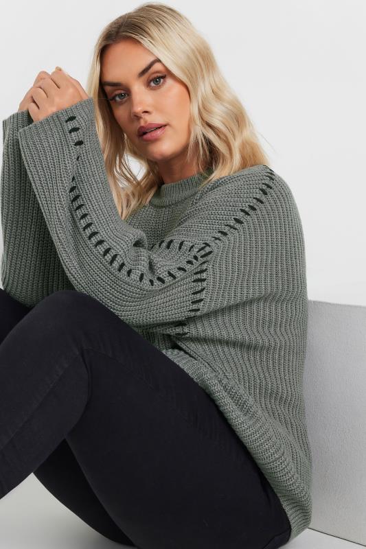 YOURS Plus Size Grey Contrast Blanket Stitch Jumper | Yours Clothing 2