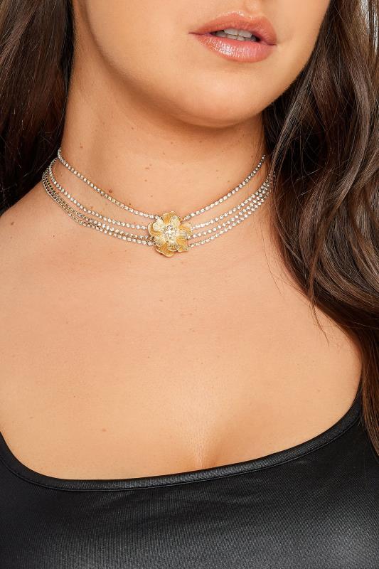 Plus Size  Gold Tone Layered Diamante Flower Choker Necklace