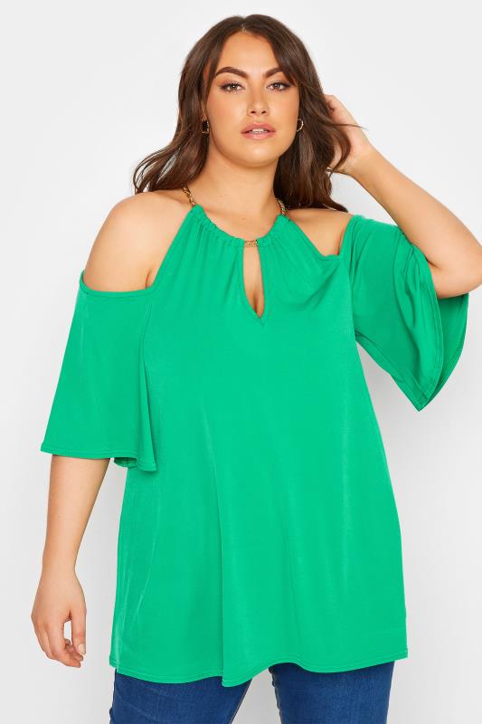 YOURS LONDON Plus Size Bright Green Chain Neckline Cold Shoulder Top | Yours Clothing 1