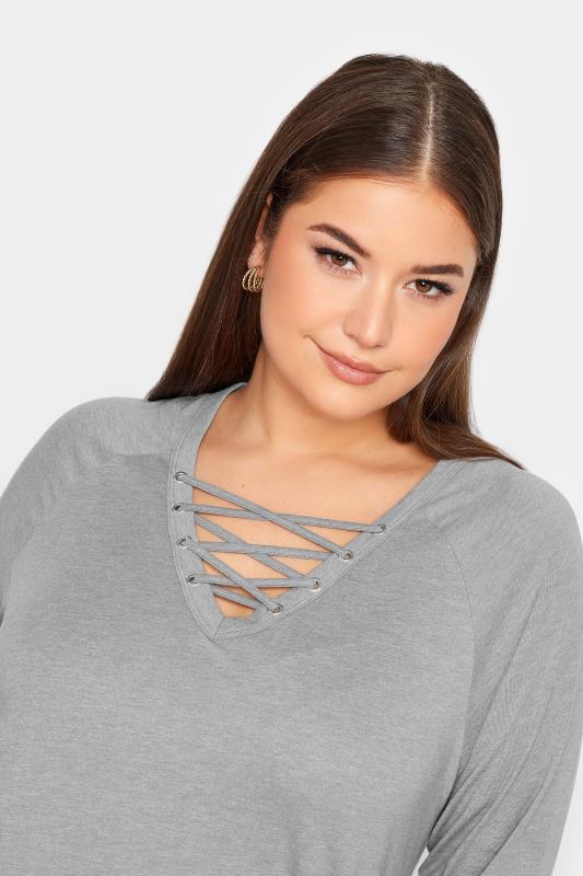 YOURS Plus Size Light Grey Lace Up Eyelet Top | Yours Clothing 4