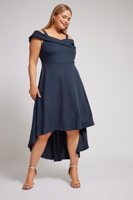 YOURS LONDON Plus Size Navy Blue Bardot Dipped Hem Dress | Yours Clothing 1