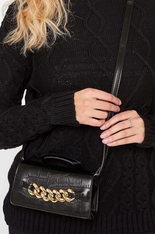 Plus Size Black Croc & Gold Chain Mini Bag  | Yours Clothing 1