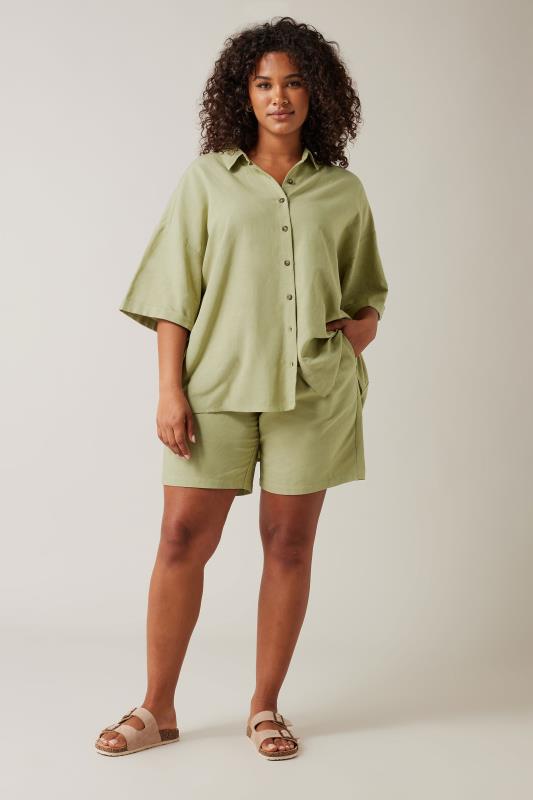 EVANS Plus Size Khaki Green Linen Shirt  | Yours Clothing 2