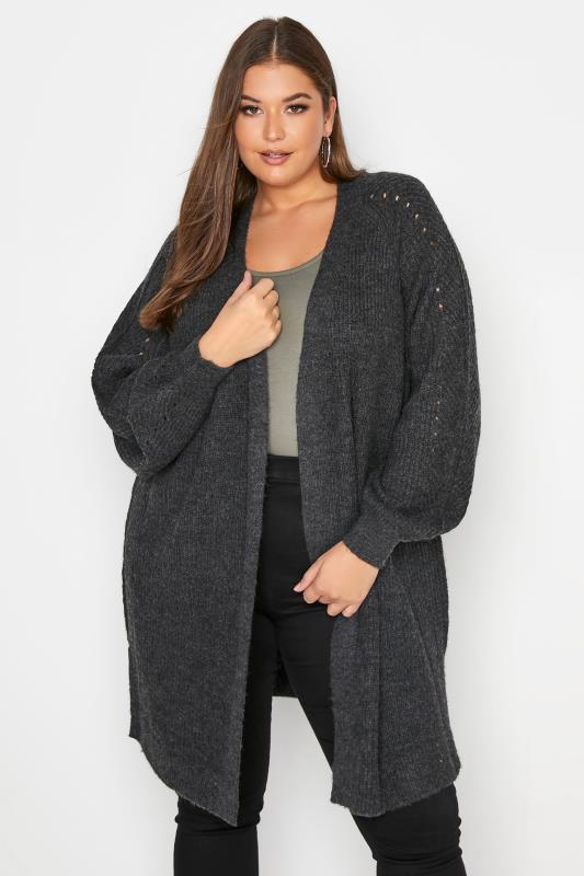  Grande Taille Charcoal Grey Balloon Sleeve Knitted Cardigan