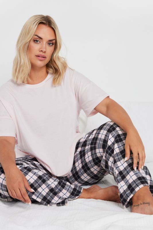 Plus Size  YOURS Curve Pink Woven Check Print Pyjama Set