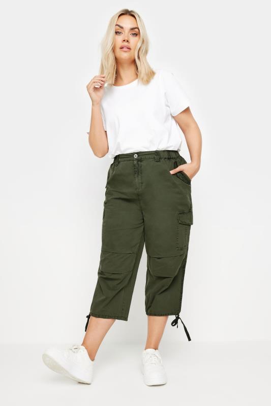 YOURS Plus Size Black Khaki Green Cropped Trousers | Yours Clothing 2