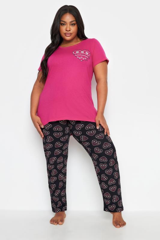 YOURS Plus Size Pink Fairisle Heart Print Pyjama Set | Yours Clothing 1