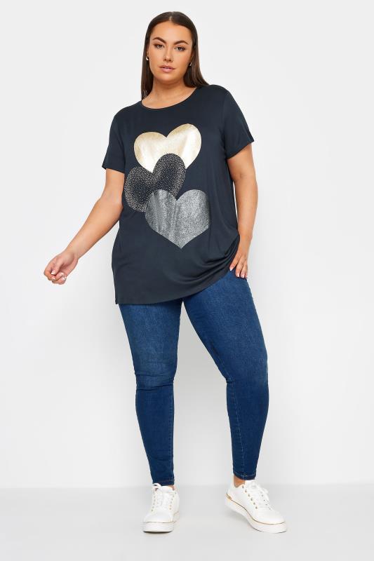 YOURS Curve Plus Size Navy Blue Glitter Heart Print T-Shirt | Yours Clothing  2