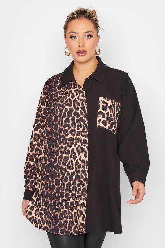 YOURS LONDON Plus Size Curve Black Leopard Print Half & Half Shirt | Yours Clothing 1