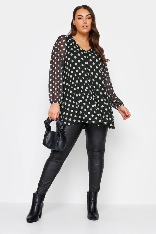 YOURS Plus Size Black Polka Dot Print Mesh Swing Top | Yours Clothing 2