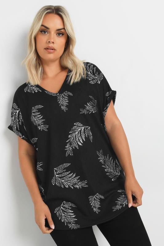 YOURS Plus Size Black Foil Leaf Print Top | Yours Clothing  1