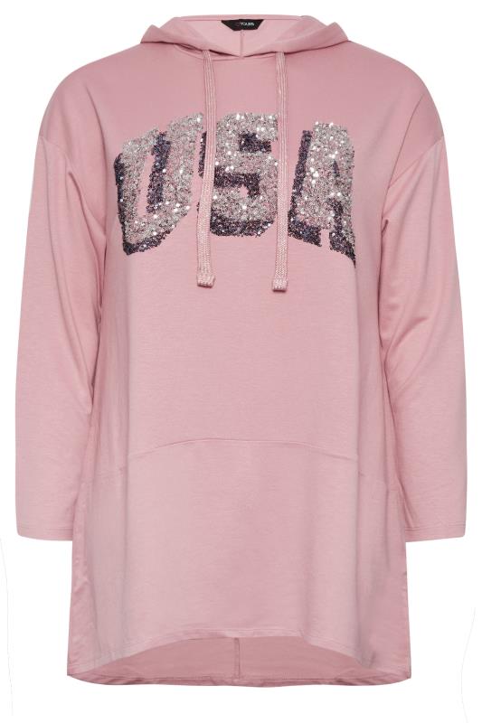 YOURS Plus Size Curve Blush Pink Blue 'USA' Slogan Longline Hoodie | Yours Clothing  6