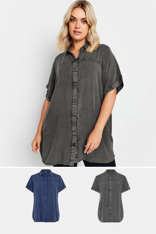 YOURS 2 PACK Plus Size Grey & Blue Chambray Shirts | Yours Clothing 1