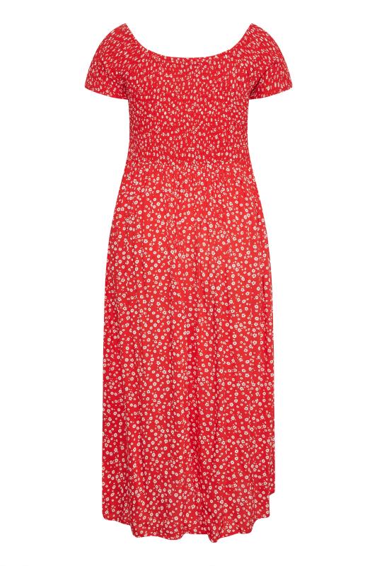 Plus Size Red Ditsy Shirred Bardot Midaxi Dress | Yours Clothing 7