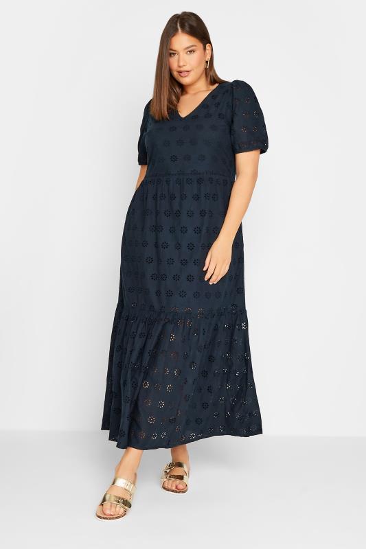  Tallas Grandes LTS Tall Navy Blue Broderie Anglaise Tiered Maxi Dress