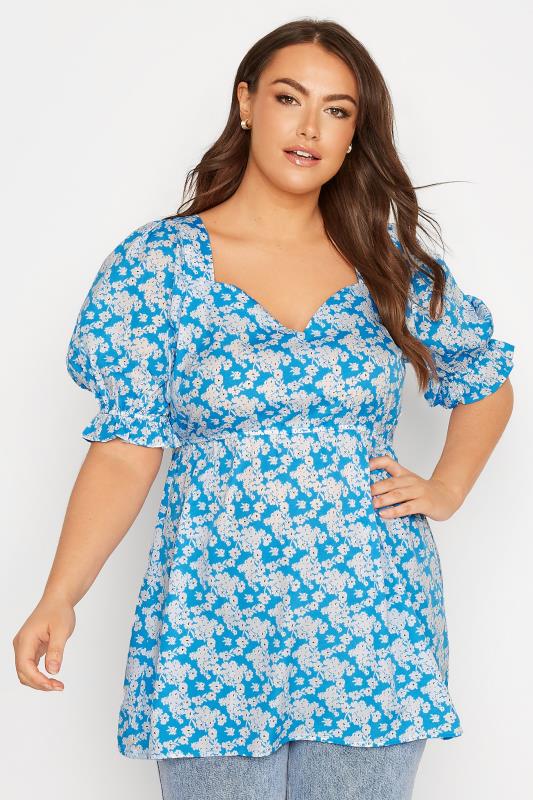 Plus Size Blue Floral Puff Sleeve Peplum Top | Yours Clothing 1