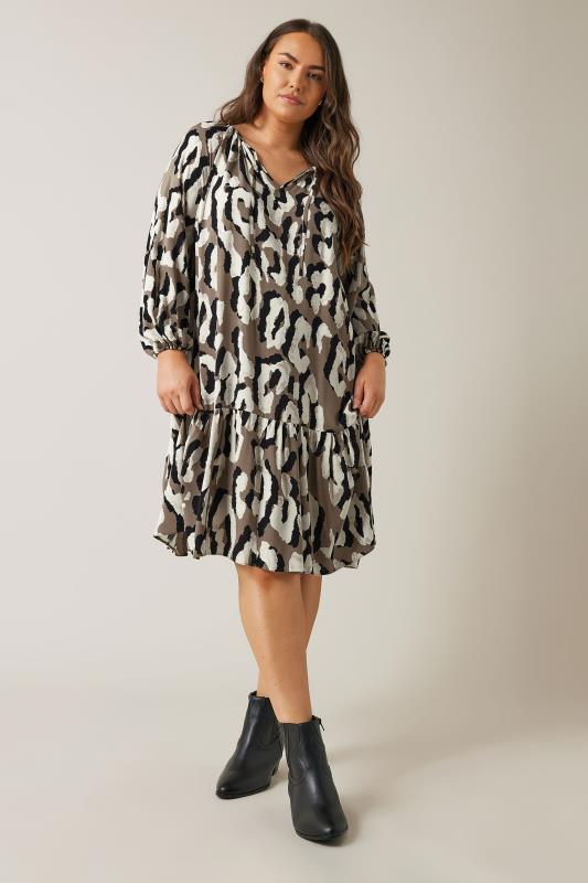 EVANS Plus Size Brown Animal Print Tiered Mini Dress | Evans 2