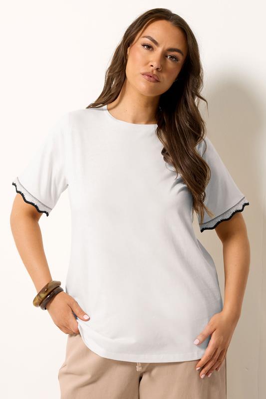  YOURS camiseta blanca de manga corta con ribetes metálicos de ganchillo