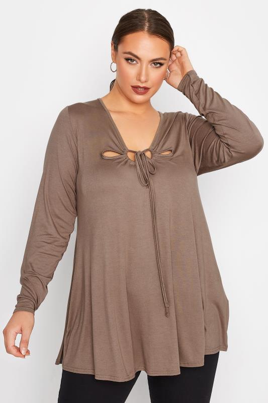 LIMITED COLLECTION Curve Mocha Brown Keyhole Tie Long Sleeve Top 3