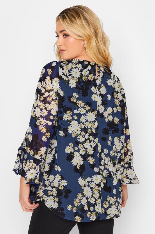 YOURS Plus Size Curve Blue & White Floral Bell Sleeve Blouse | Yours Clothing  5