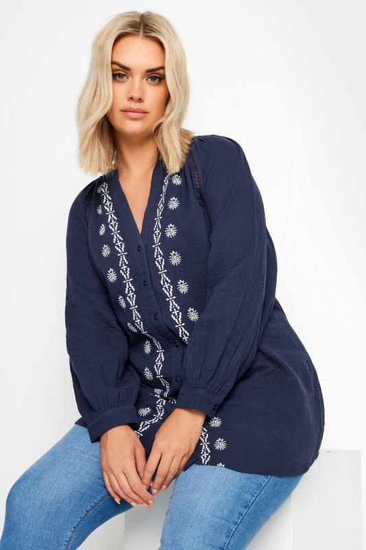  YOURS Curve Navy Blue & White Cheesecloth Blouse