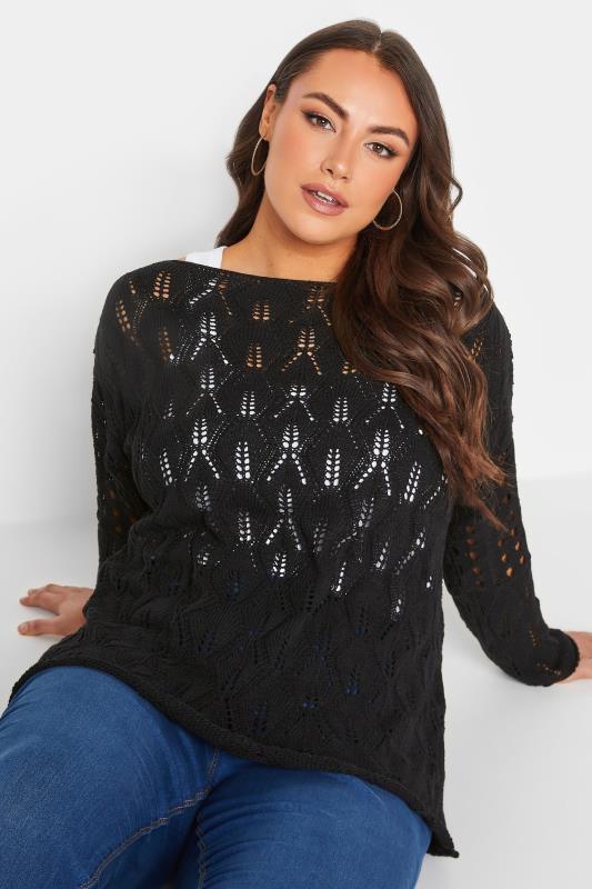 YOURS Plus Size Black Crochet Knit Jumper | Yours Clothing 1