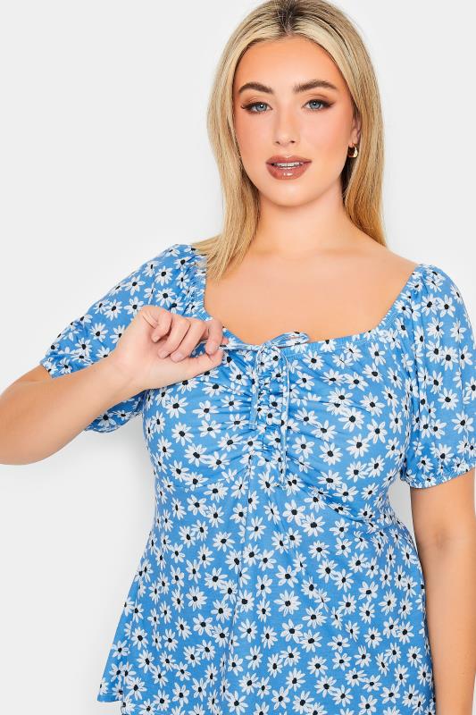YOURS PETITE Plus Size Blue Daisy Print Ruched Front Top | Yours Clothing 4