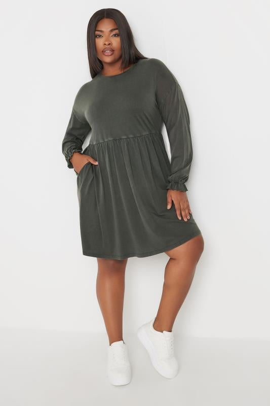 YOURS Plus Size Grey Acid Wash Frill Sleeve Midi Dress | Yours Clothing 1