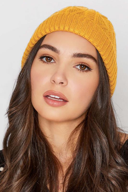 Plus Size Mustard Yellow Cable Knitted Beanie Hat | Yours Clothing 1