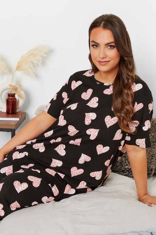 Curve Plus Size Black & Pink Animal Print Love Heart Pyjama Set  4