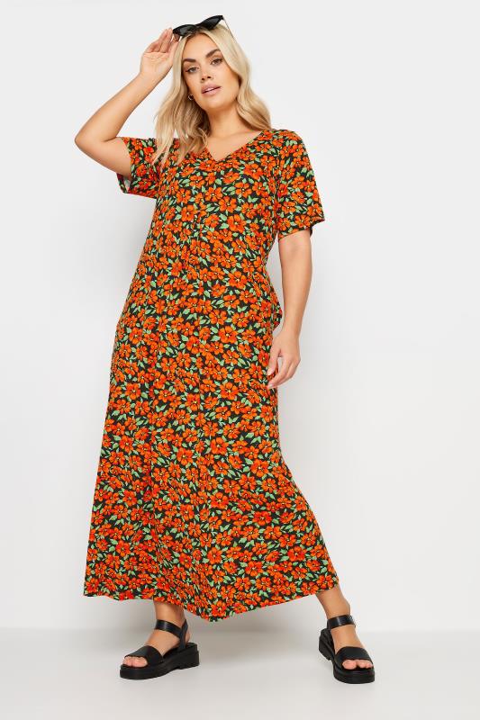 YOURS Plus Size Orange Floral Print Pleated Front Maxi Dress | Yours Clothing 2
