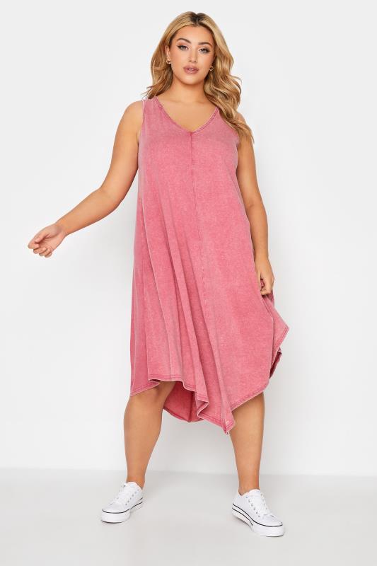 Plus Size  Pink Acid Wash Hanky Hem Sleeveless Dress