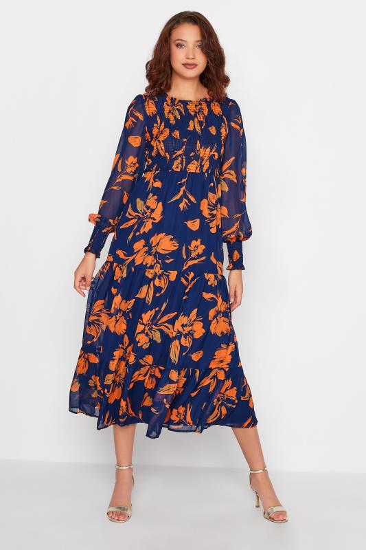 LTS Tall Orange & Navy Blue Floral Long Sleeve Midi Dress 4