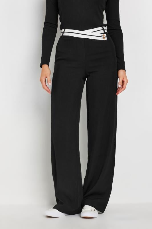 LTS Tall Black Cross Over Contrast Waistband Trousers | Long Tall Sally 3