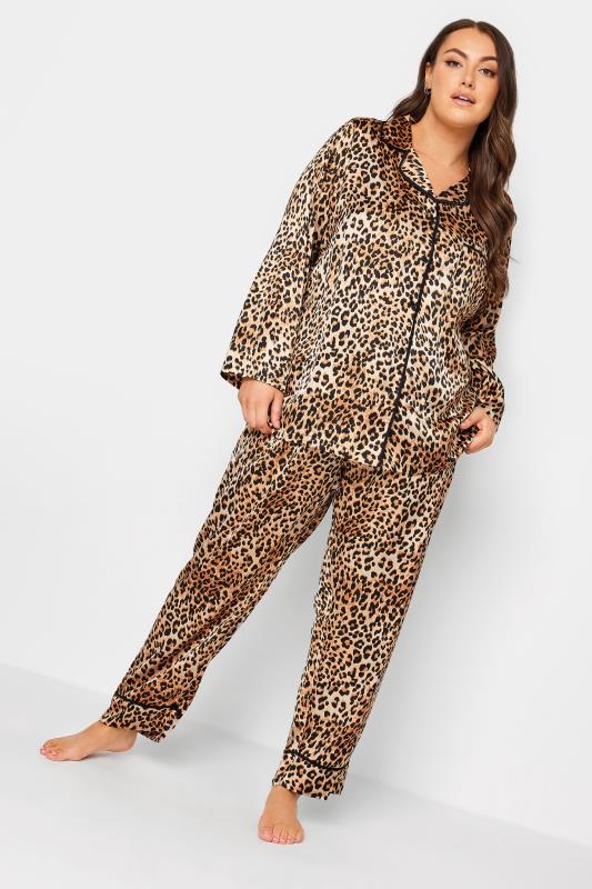 Plus Size  YOURS Curve Brown Animal Print Satin Pyjama Set