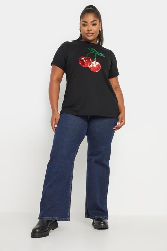 YOURS Plus Size Black Sequin Cherry T-Shirt | Yours Clothing 2