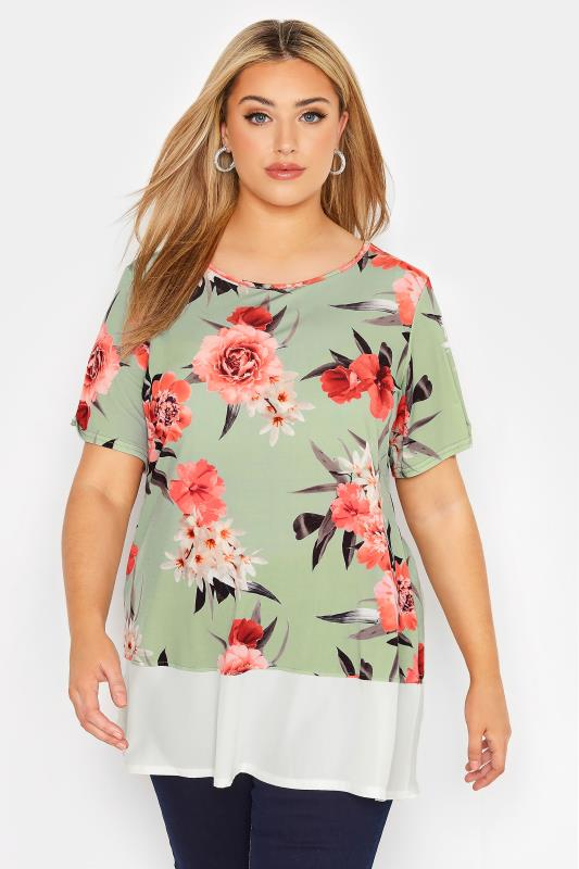 YOURS LONDON Plus Size Sage Green Floral Chiffon Hem Top | Yours Clothing 1