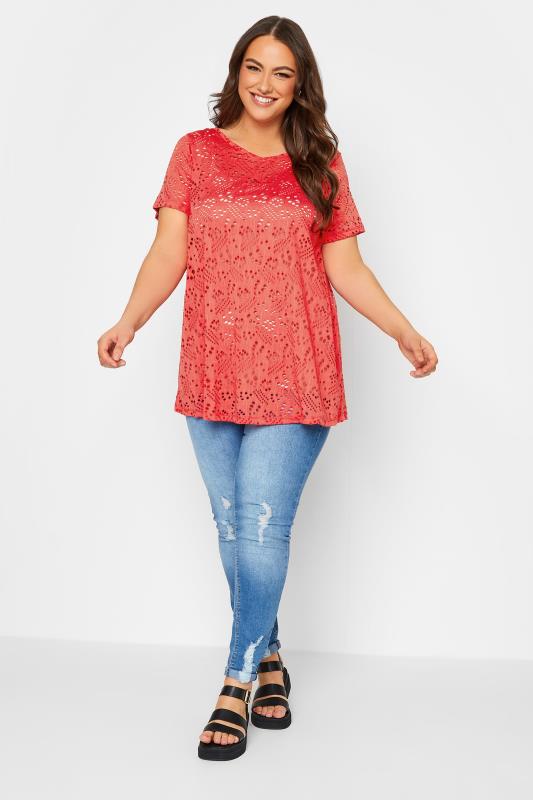 YOURS Curve Plus Size Red Broderie Anglaise Swing V-Neck T-Shirt | Yours Clothing  2