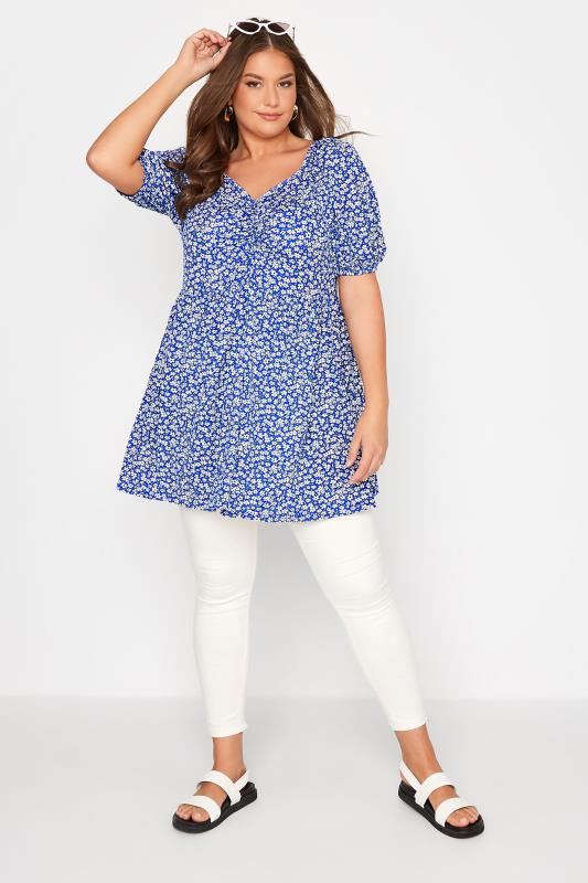 Curve Blue Floral Ruched Top 2