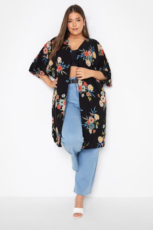 Plus Size Black Floral Print Longline Kimono Cardigan | Yours Clothing  1