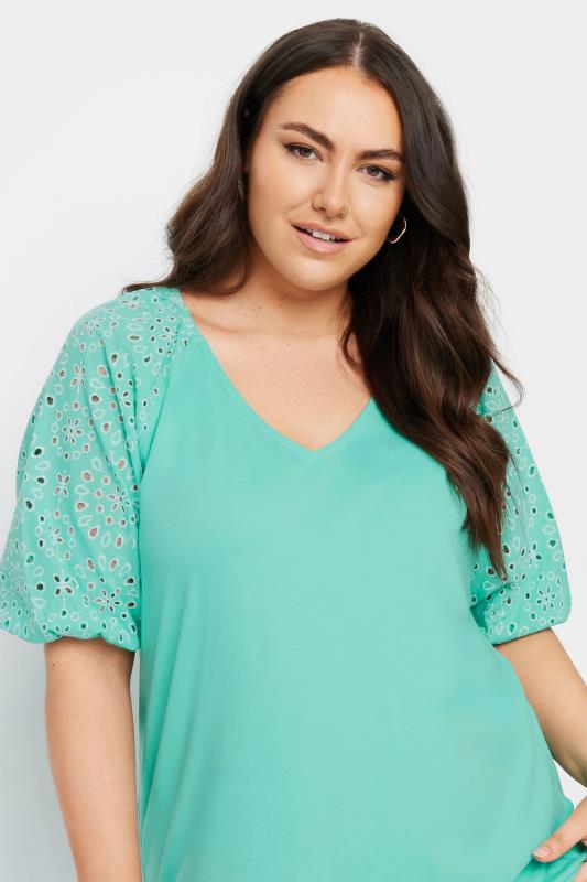 YOURS Plus Size Green Broderie Anglaise Sleeve T-Shirt | Yours Clothing 4