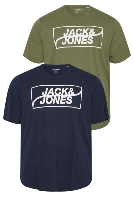 JACK & JONES 2 PACK Navy Blue & Khaki Green Logo T-Shirts | BadRhino 3