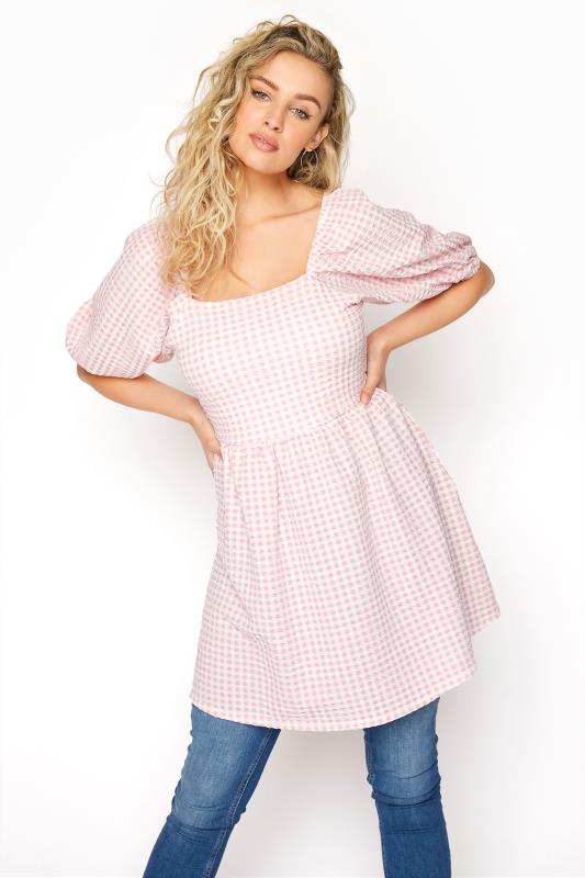Tall  LTS Pink Gingham Square Neck Milkmaid Top