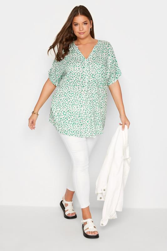 Curve Green & White Floral Print Grown On Sleeve Shirt 2